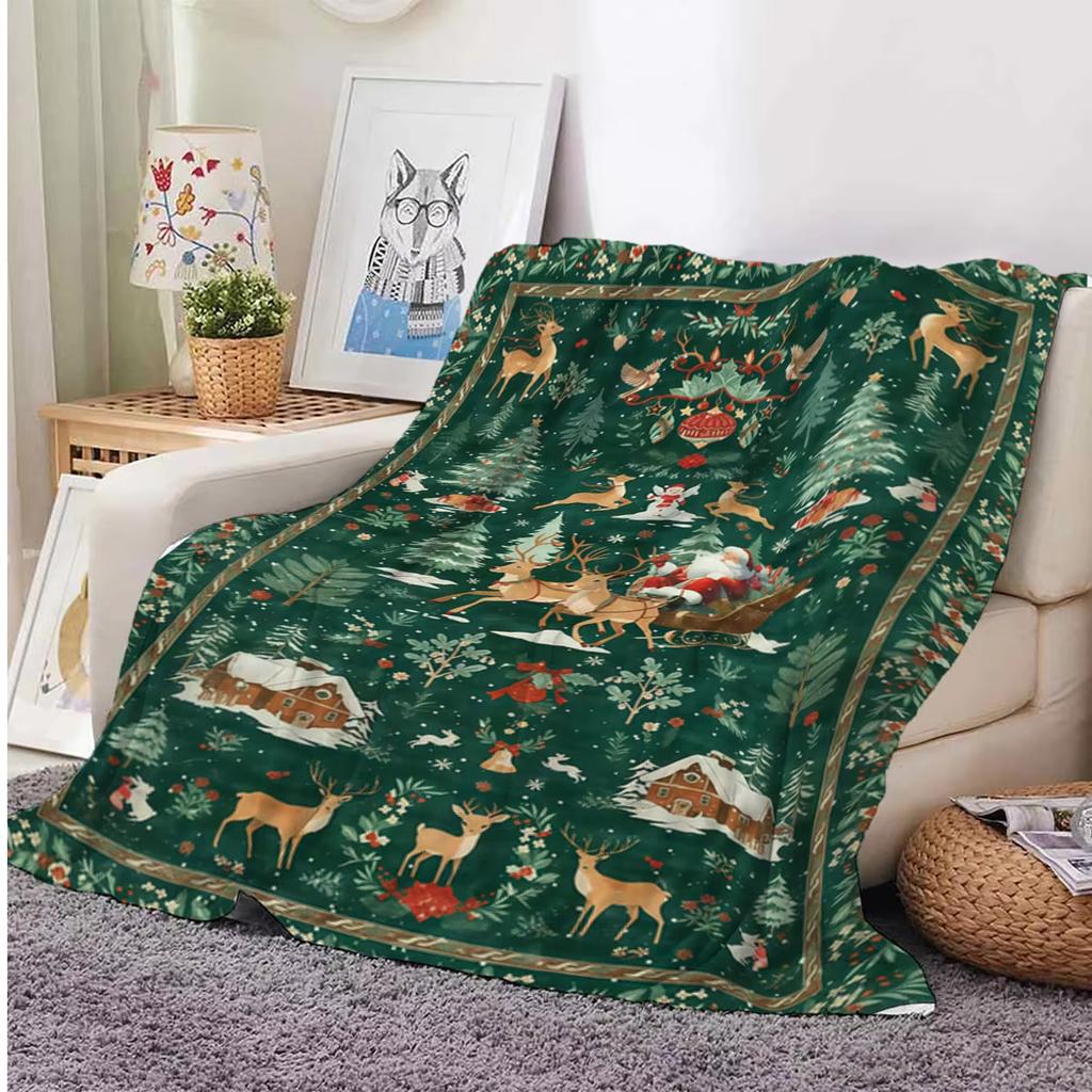 Santa & Reindeer Flannel Blanket - Festive Green Printed Throw for Soft Cozy Comfort On Sofa and Nap Time