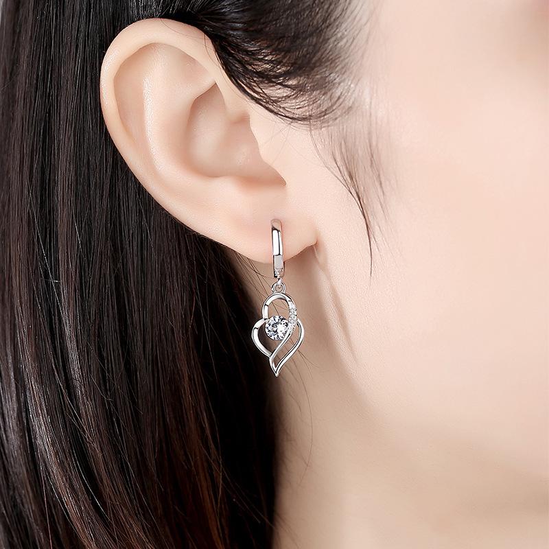 Silver-Plated Heart-Shaped Korean Style Earrings for Girls
