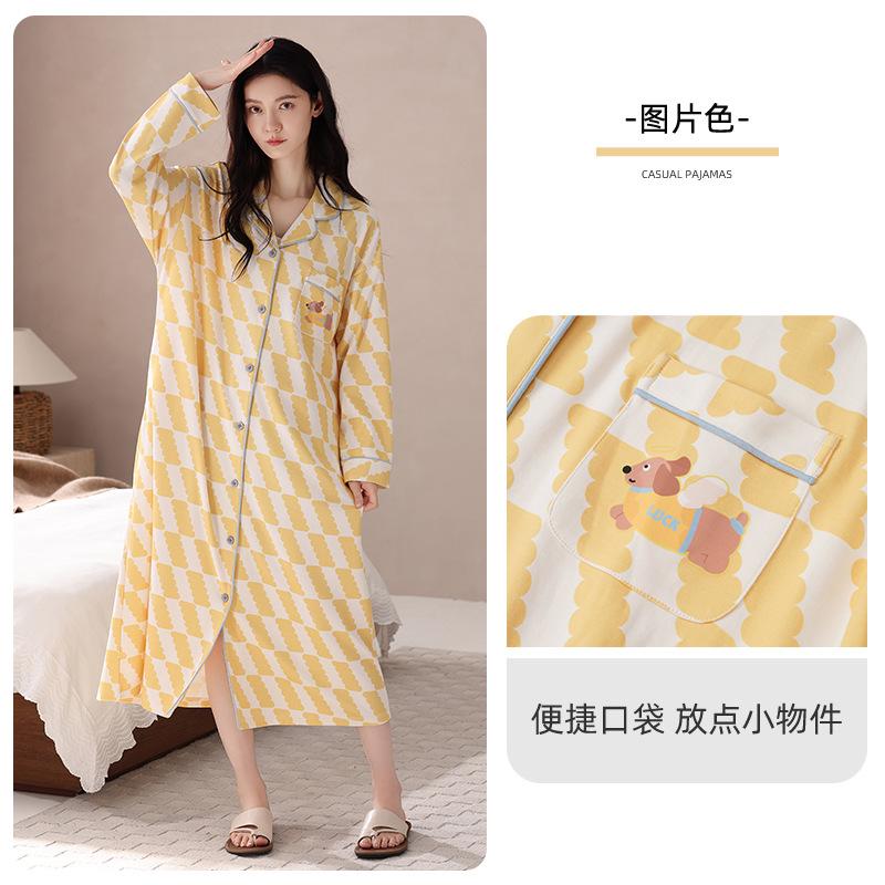 Pajama Women Spring And Autumn Cotton Long-Sleeved Pajama Skirt Sweet Cartoon Loose Large Size Can Be Worn Outside Loungewear