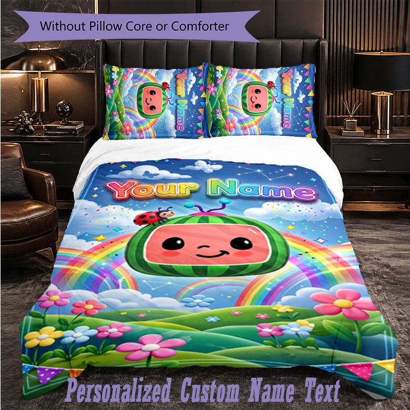 Personalized 3Pcs Bedding SetCocomelon Custom Text Duvet Cover Pillowcase Set Bedroom Gift