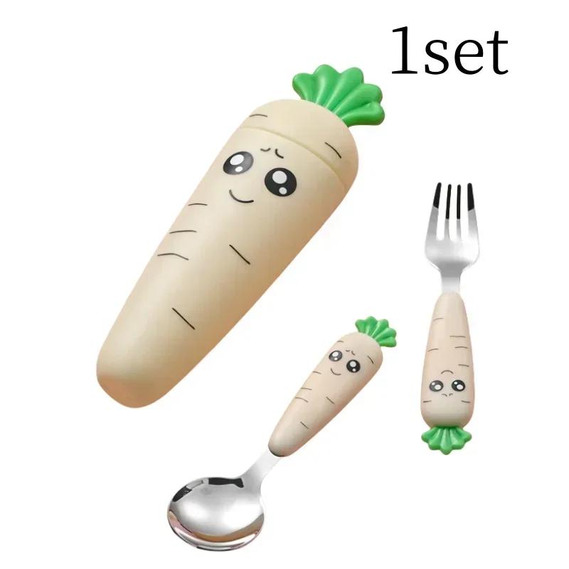 Carrots Set Children Dinnerware Stainless Steel Spoon Fork Flatware With Box Baby Feeding Tool Kitchen Tableware Supplies