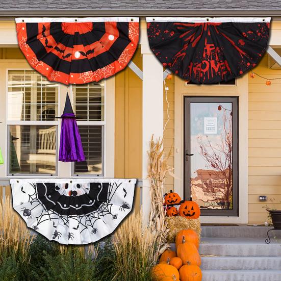 Halloween Flag Fan Shaped Room Flag Easy To Install Festive Printed Outdoor Banner Atmosphere Decoration