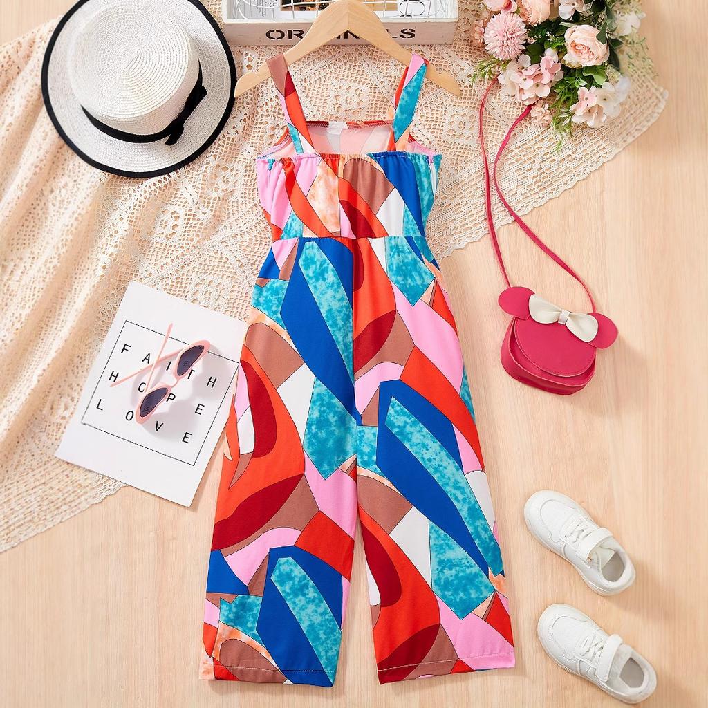 Girls' Geometric Print Holiday Fashion Thin Romper Summer Suitable for Children Aged 1-8 Summer Casual Romper