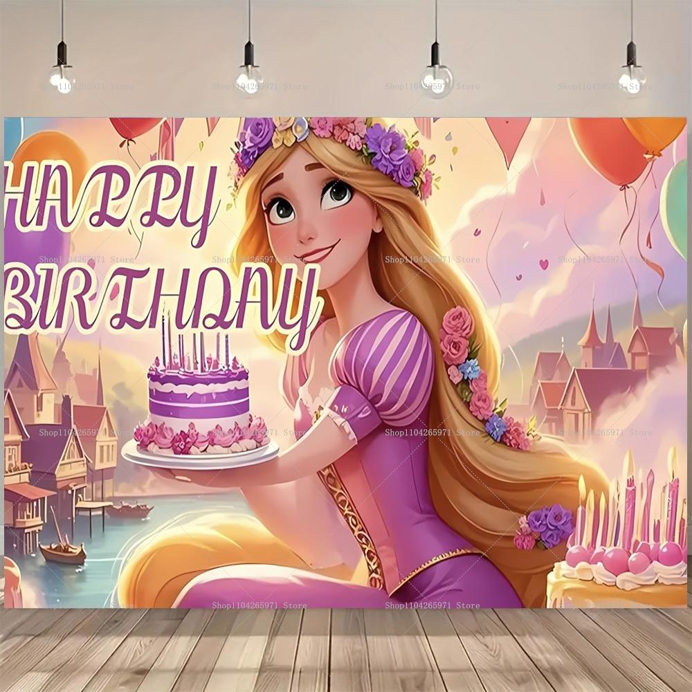 Fundo Desenho Enrolados Rapunzel Cabelo Longo Princesa Meninas Festa de Aniversário Chá de Bebê Fundo para Fotografia