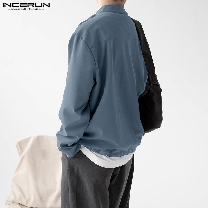 INCERUN Men Stand Neck Long Sleeve Solid Color Casual Loose Shirts Tops