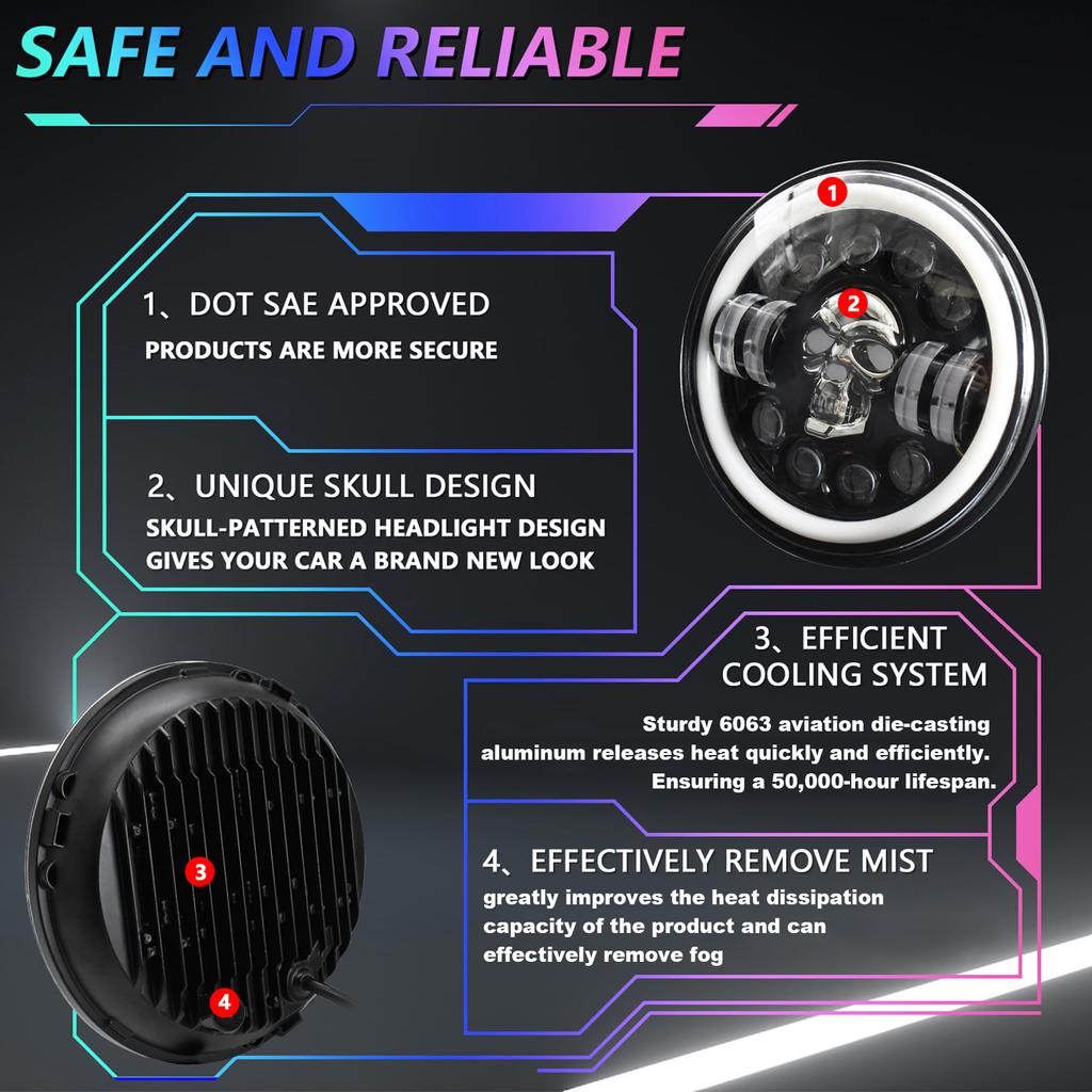 Phare De Moto Rond RVB De 7 Pouces, Phare De Crâne Angel Eye IP67