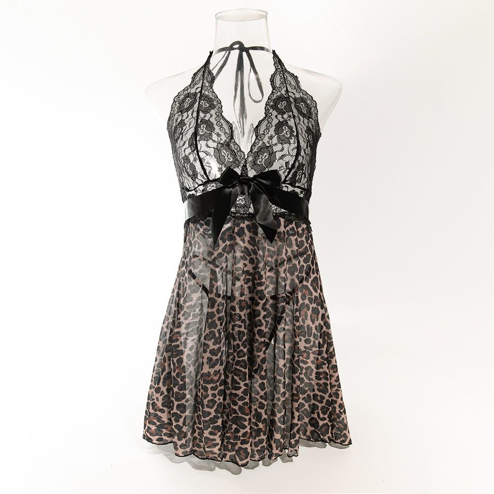 Lace Trim Leopard Print See-Through Patchwork Nightgown