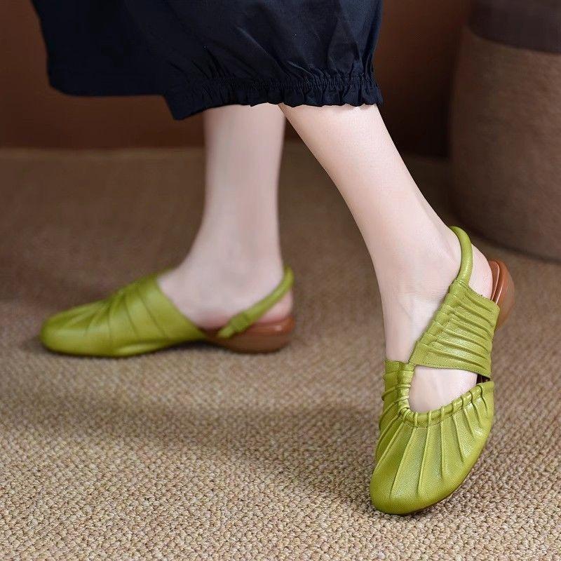 Fashion Original Toe Sandals 25 New Style Thick Heel Beach Roman Sandals Women's Shoes Top Layer Cowhide Low Heel Mom Shoes