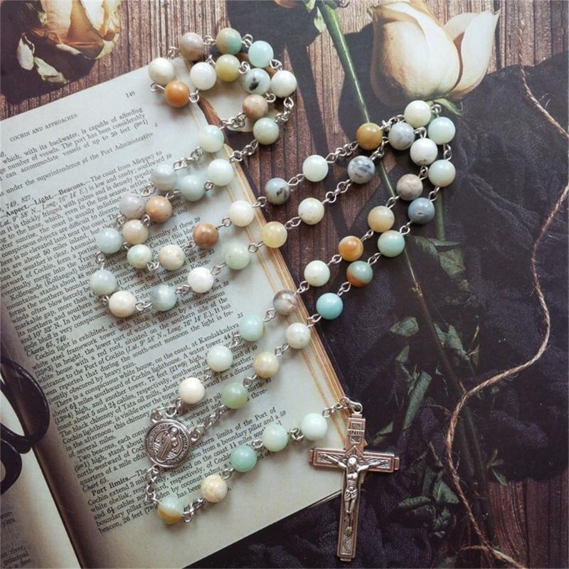 Natural Stone Beads Rosary Necklace Crucifix Cross Pendant Chain Catholic Religious Jewelry for Women Meditatin Gift