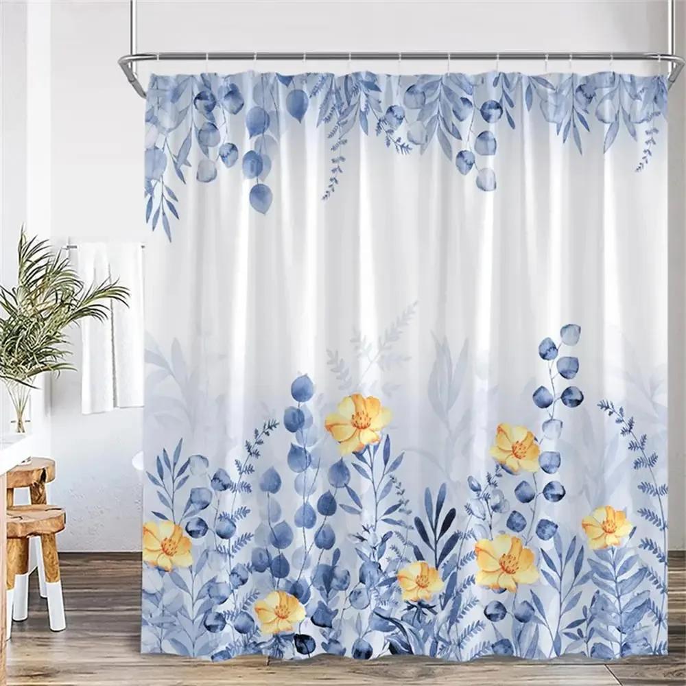 Blue Leaf Watercolor Plant Shower Curtain Modern Minimalist Home Bathroom Decorative Fabric Shower Curtain with Hook