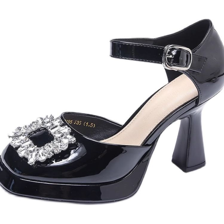 Thick-soled Mary Jane Sandals Women's 2025 Summer Explosion Rhinestone Thick Heel Temperament One-word Buckle High Heels Square Head Waterproof Table