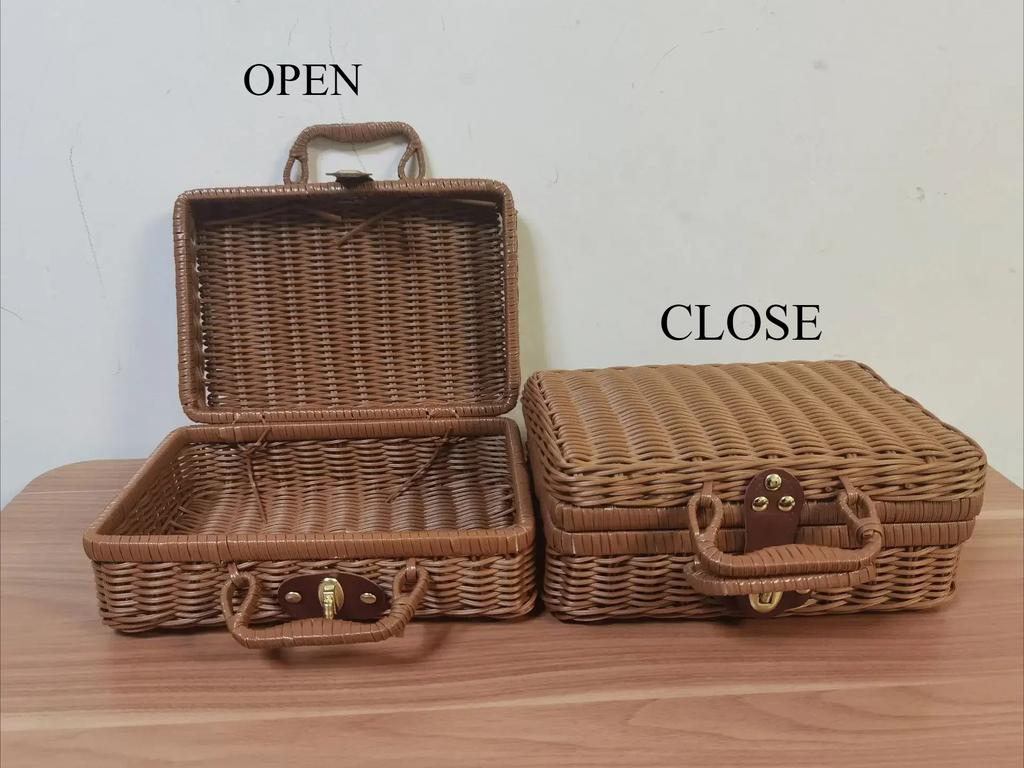 Retro Wicker Suitcase Vintage PP Rattan Picnic Basket with Handle Cosmetic Organizer Gift Box Travel Case Storage Woven
