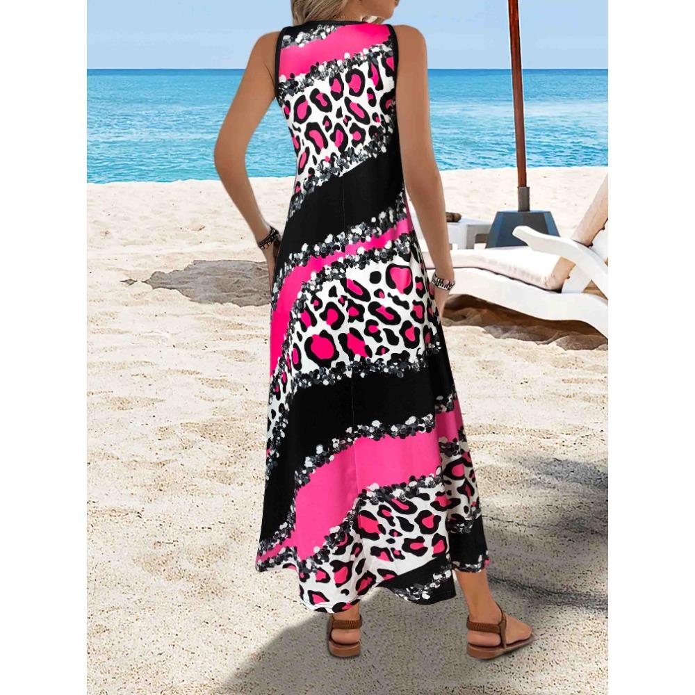 Women's Casual Maxi Dress Sleeveless Tie Dye Spaghetti Strap Summer Plus Size Swing Sundress with Pockets