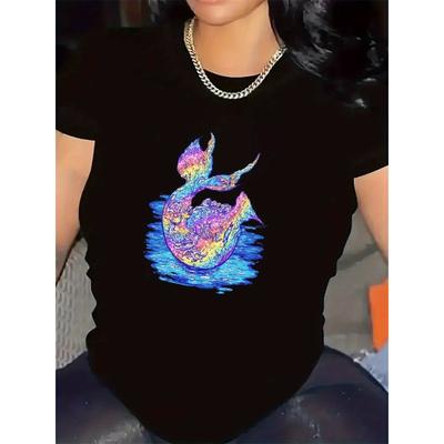 Damen Schwarz-Weiß Meerjungfrau Grafik T-Shirt Kurzarm Rundhals Lässig Ganzjahres Oberteil