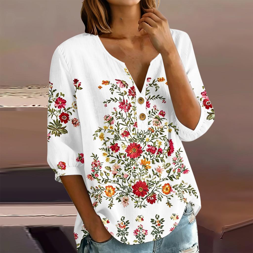 Women Floral Print Henley Button Neck Shirt Three Quarter Sleeve Cotton Linen Blouse Casual Loose Fit Top