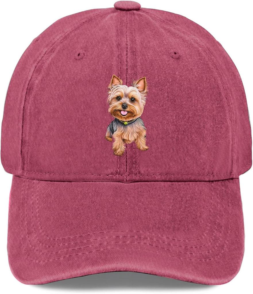 Yorkshire Terrier Dog Print Distressed Baseball Cap Soft Washed Adjustable Casual Outdoor Hat