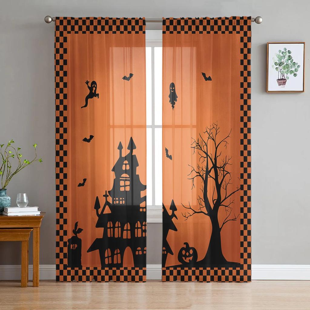 Halloween Bat Pumpkin Curtain Window Tulle Living Room Bedroom Kitchen Chiffon Treatment Decorations Curtains Light Filtering Polyester Sitting