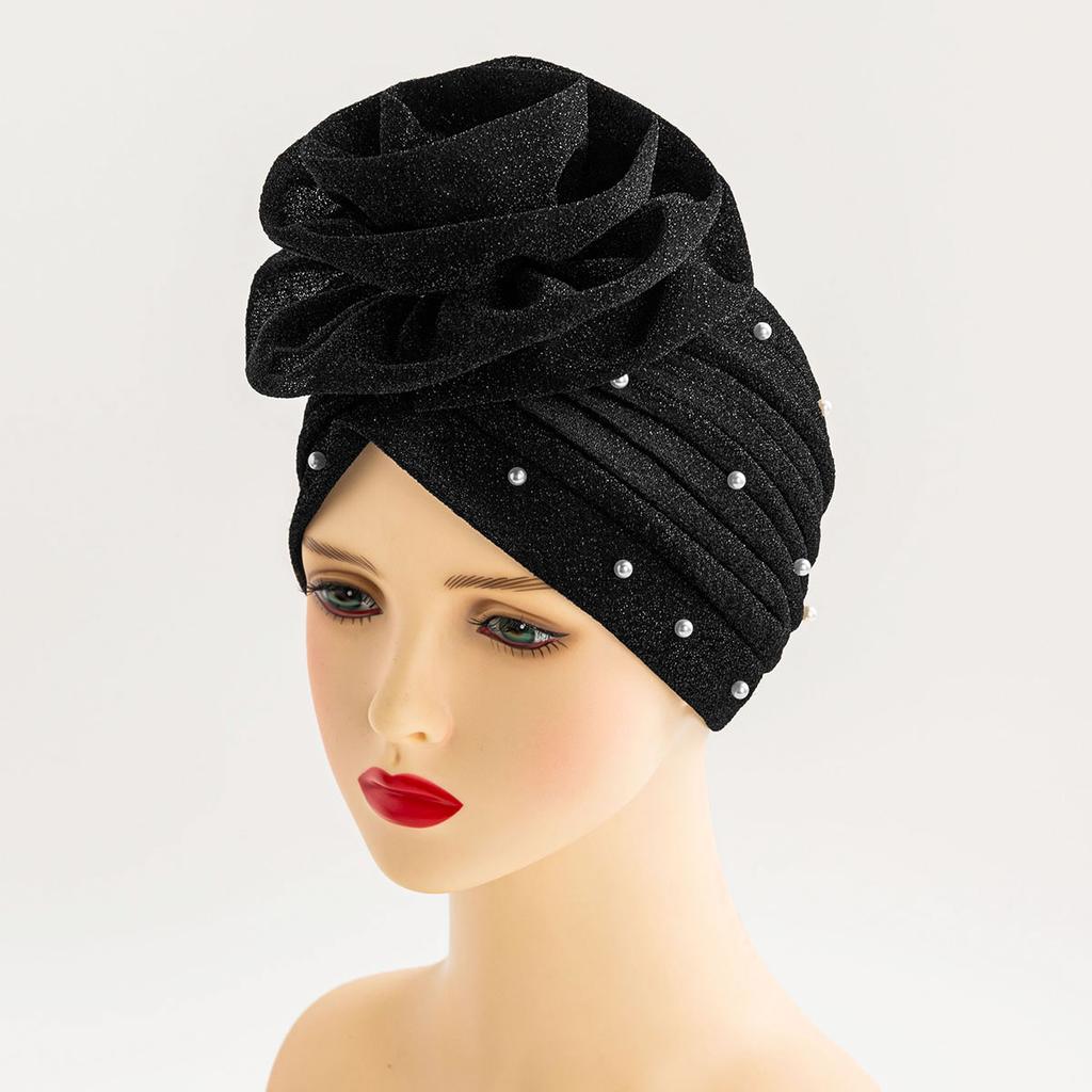 Shiny Fabric Oversized Flower Headscarf Hat with Pearl Indian Style Party Ball Gown Design Multi-Way Wear Cosmetic Decoration Cap