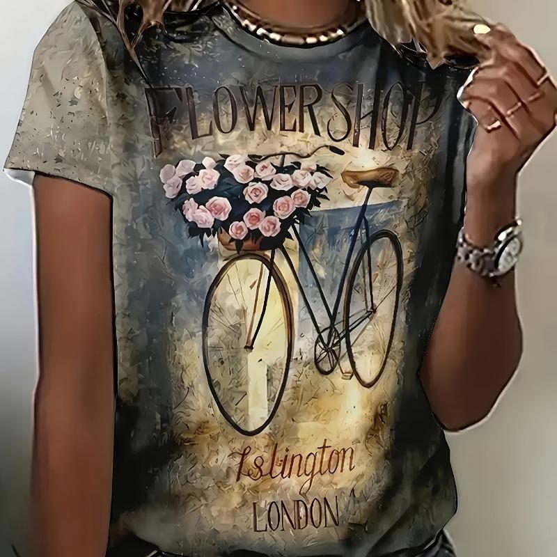 

Women s 3D fashion printed T-shirt with bicycle and floral oil painting style patterns, casual short sleeves S