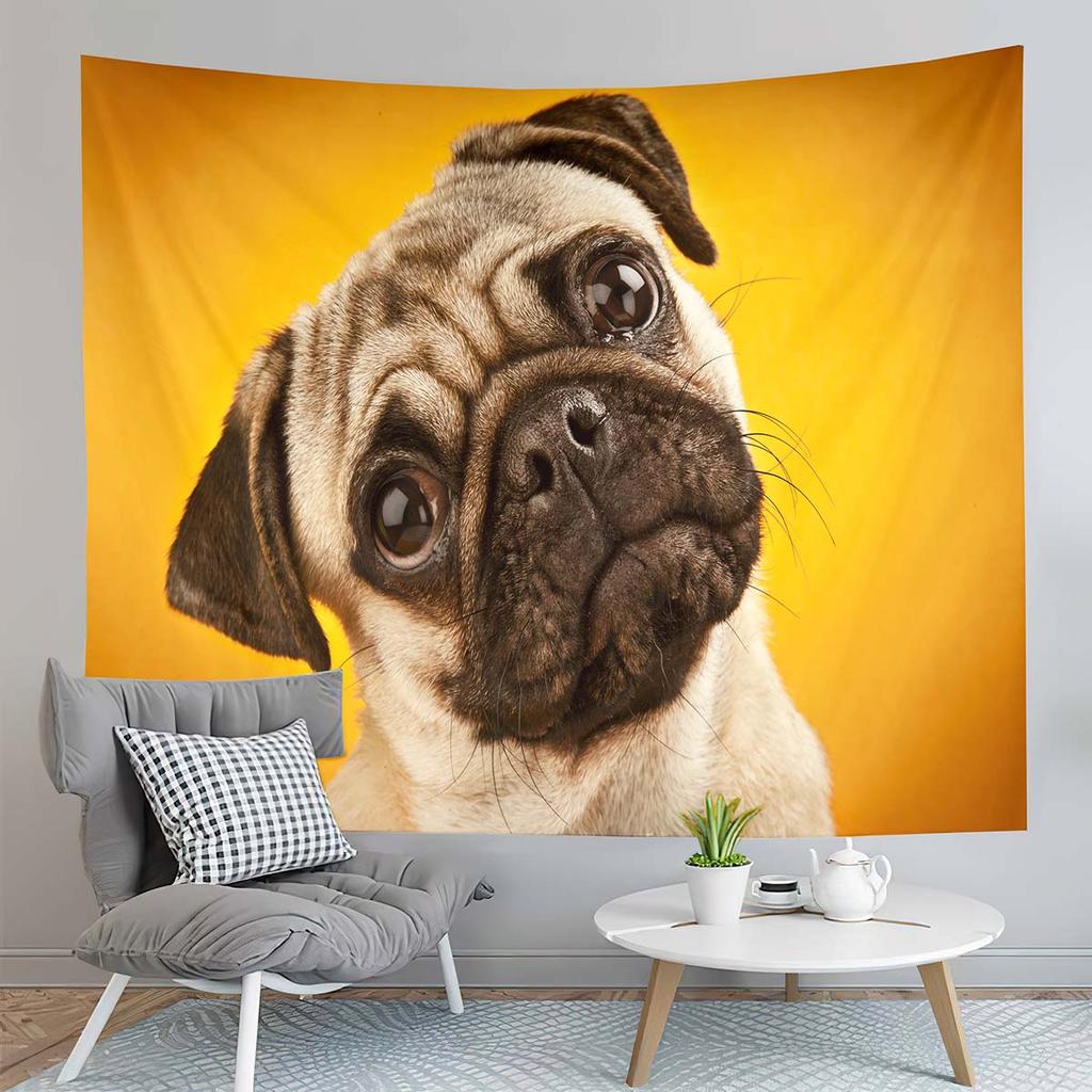 Pug Dog Tapestry Cute Black Animals Tapestry Autumn Fallen Leaves Tapestry Home Living Room Bedroom Wall Modern Art Tapestries