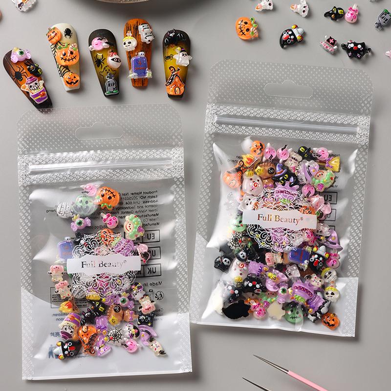 50/100Pcs Kawaii Halloween Nail Charms Cartoon Pumpkin Ghost Cat Mixed Sized Resin Ornaments Cute Spider Web Bat Nail Decor