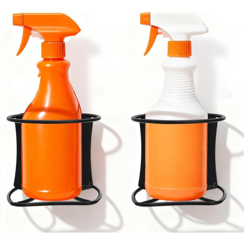 4 Pack Spray Bottle Holder, Heavy Duty Metal Wall Mount Spray Can Holder for Garage, Workshop, Craft & Kitchen Bottle Storage Rack, Easy Install