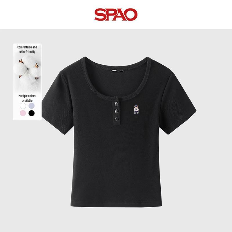 Women s Slim-Fit U-Neck T-Shirt with Ivory Bear Embroidery M
