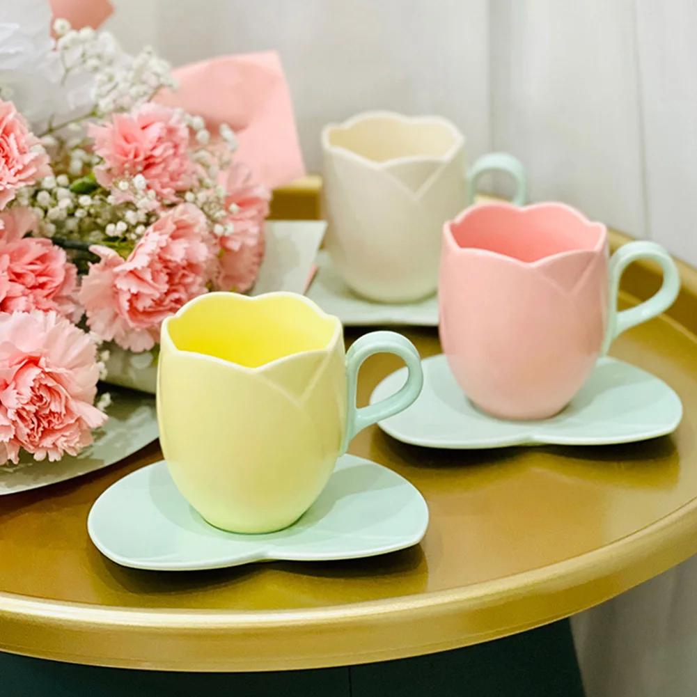 Lovely Tulip Drinking Cup with Saucer Ceramic Tulip Shaped Teacup Creative Vintage Mug Home Afternoon Tea Cappuccino Tableware