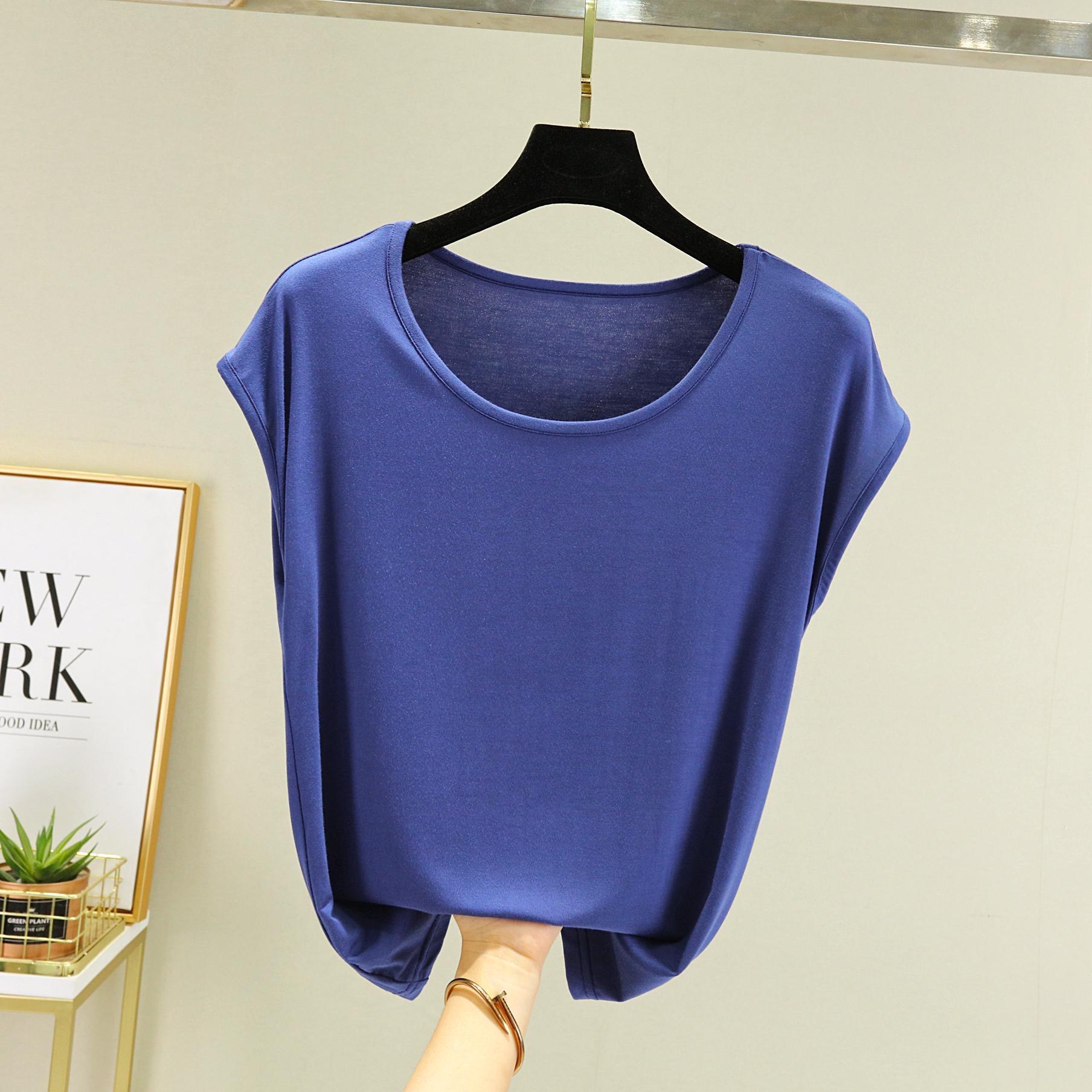 

Модальная футболка без рукавов для женщин, летняя одежда, базовая, с круглым вырезом, свободная, оверсайз, однотонная, облегающий топ, футболки 2XL синий
