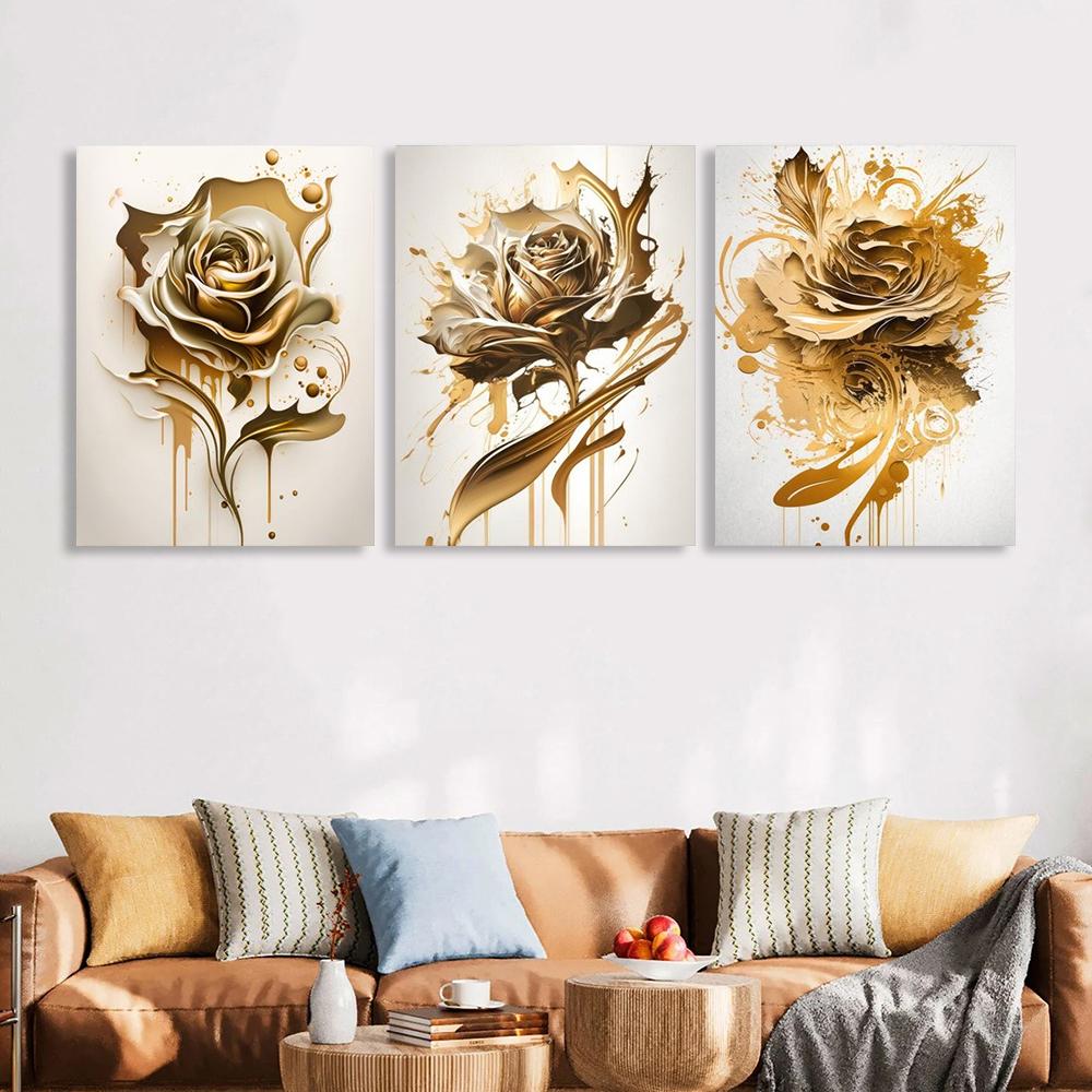 Golden Floral Art Posters, Gold Rose Wall Arts, Abstract Flowers Prints, for Living Room, Office,Wall Decor, No Frame