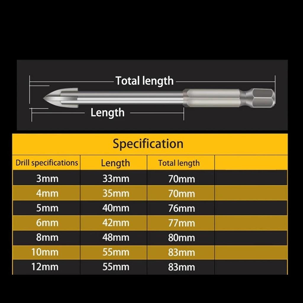 5/6Pcs Set Cemented Carbide Cross Hex Tile Glass Ceramic Drill Bits Set Efficient Drilling Tool Hole Opener for Wall (Size : 4-5-6-8-10-12mm)