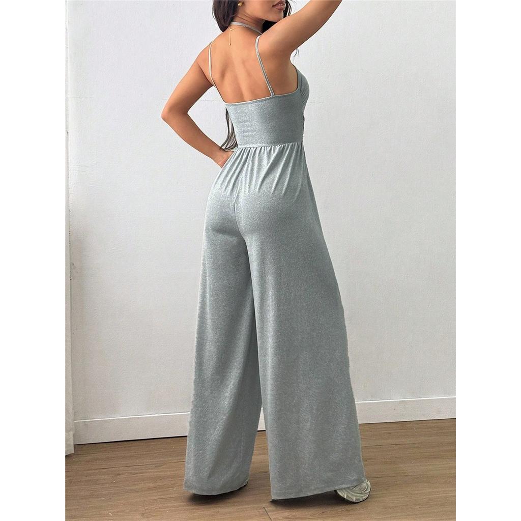 Women's Halterneck Suspender Pleated Waist Backless Jumpsuit