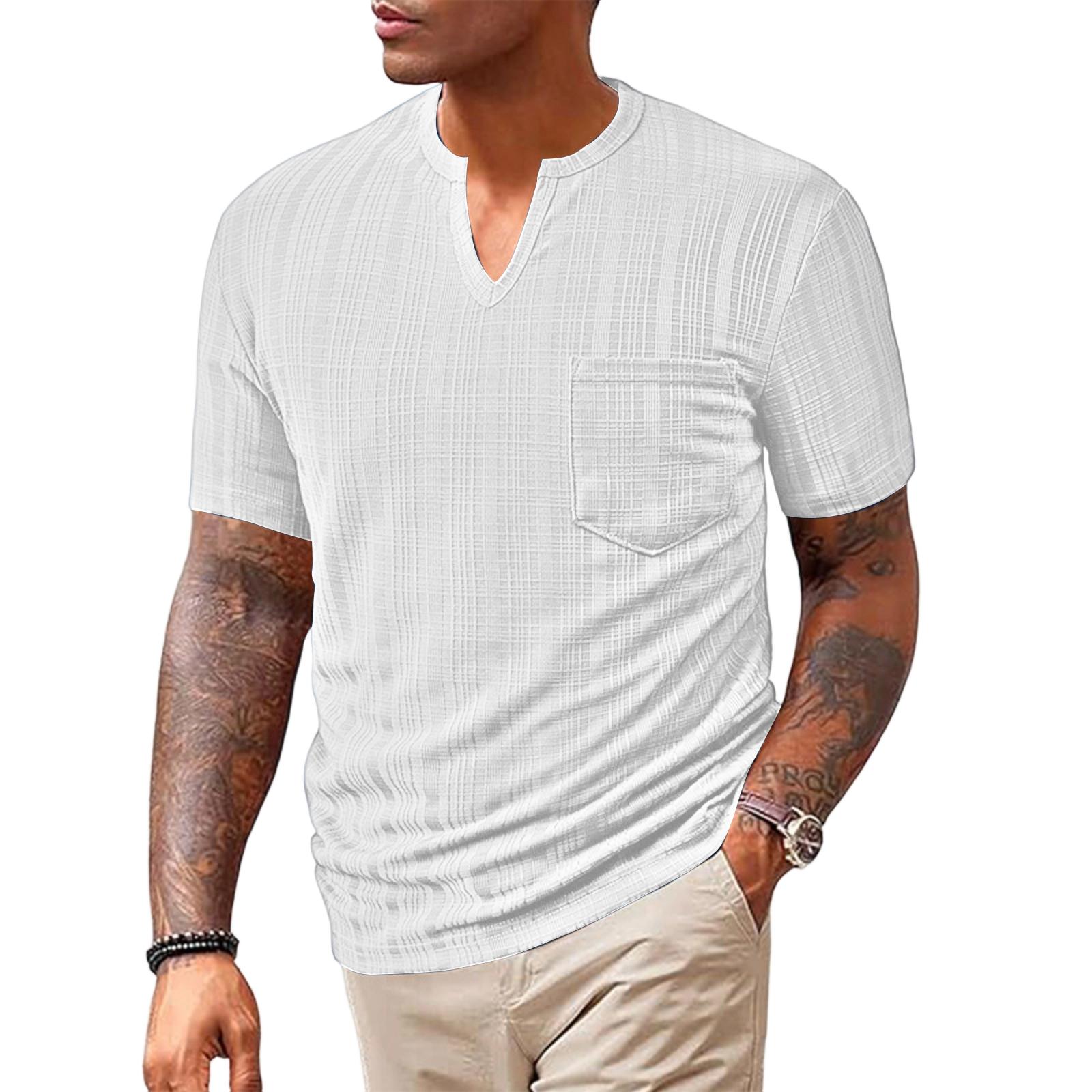 Мужская мода Спорт Кэжуал Полностью полиэстер Имитация льна Мелкая клетка Мужская футболка с V-образным вырезом и коротким рукавом M белый