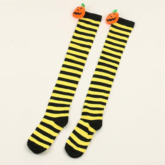 1 par de meias de Halloween acima do joelho, engraçadas, desenho animado, abóbora, listradas, contraste de cor, macias, manter aquecido, alta elasticidade, cor sólida, meias de inverno na coxa