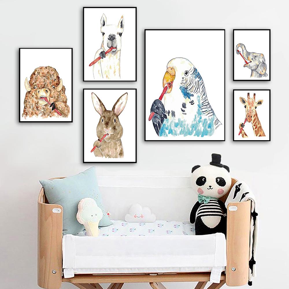 Tierbürste Zähne Wandbild Aquarellkunst Poster Druck Niedliches Faultier Vogel Lama Kind Kinderzimmer Wand Leinwandgemälde Badezimmer Heimdekor
