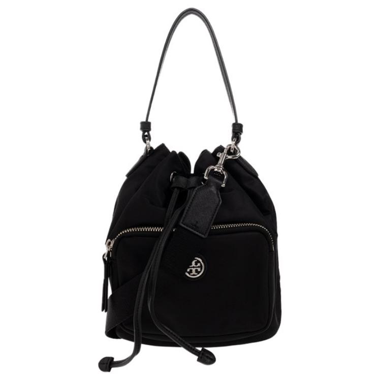 

Tory Burch Virginia Metal Double T Logo Detachable Shoulder Strap Drawstring Recycled Nylon Bucket Bag Women bags Black 134652-001 Shopping Bag Set(Basic Set+Shopping Bag)
