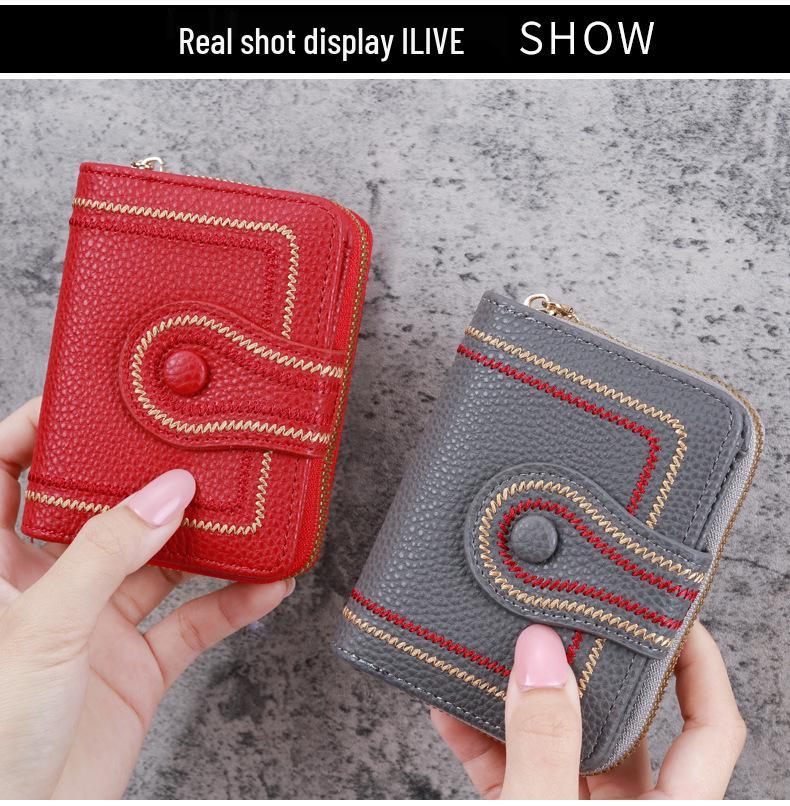 Korean Style Women's Litchi Pattern Embroidered Wallet with Zipper & Buckle
