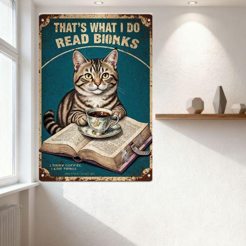 Vintage 'That's What I Do Read Biuncks' Cat Coffee Tin Sign, Whimsical Metal Wall Decor for Bar Pub Home Cafe with Teacup & Book