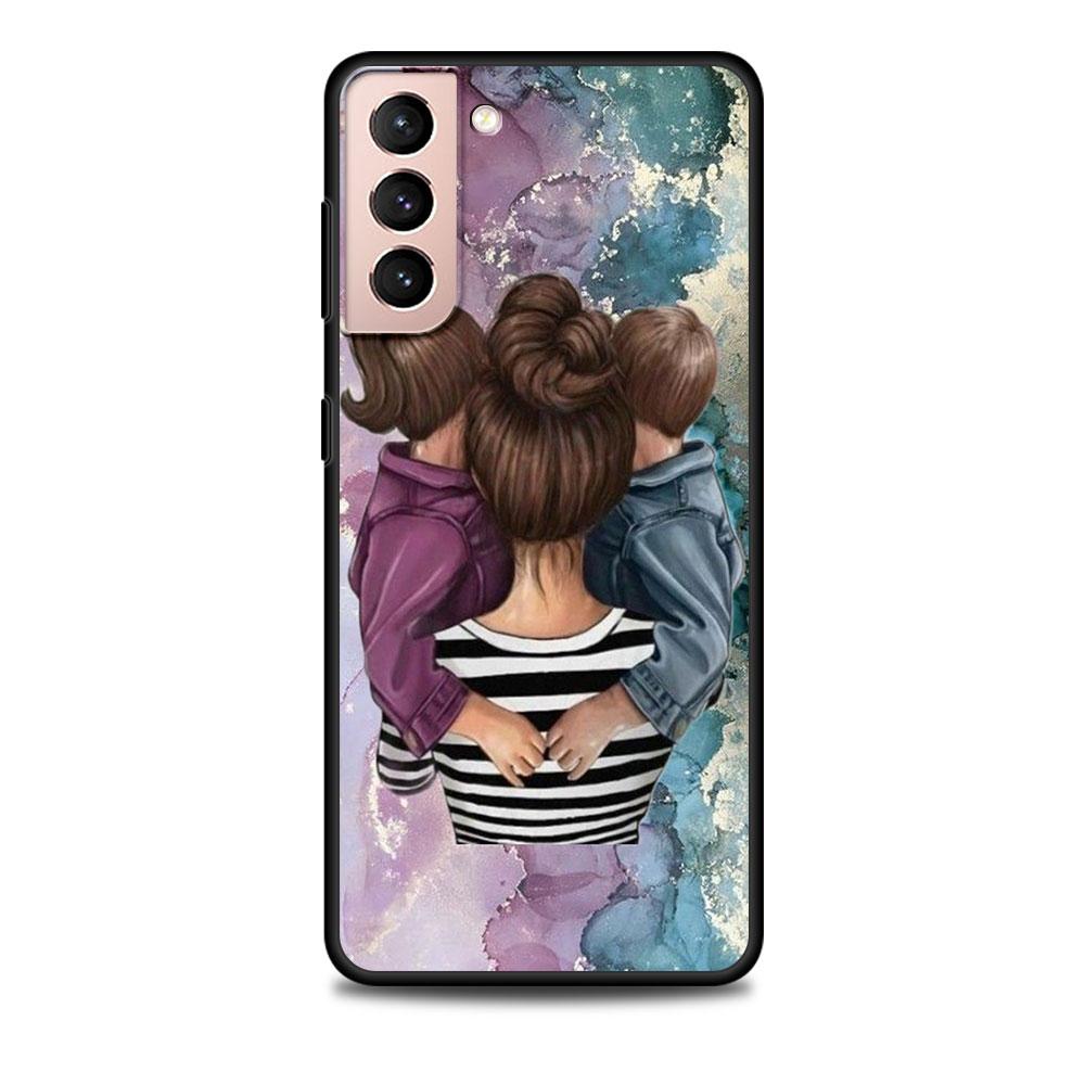 Mom And Baby Girl Boy Black Case for Samsung Galaxy S23 S22 Ultra Cases S21 S20 FE S10 S9 S8 Plus S10e S7 Silicone Phone Cover