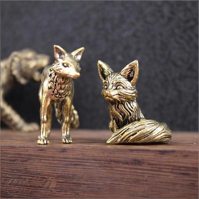 Brass Fox Statue Cute Fox Miniature Figurines Desk Ornament Decorations Accessories Copper Animal Sculpture Home Decor Crafts
