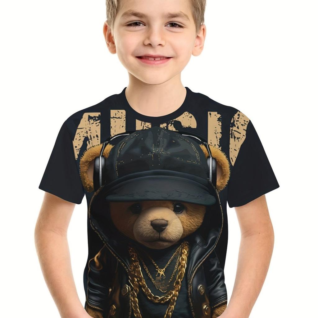 Children's 3D Short Sleeve Cool Bear Print Summer Clothing Boys T-Shirt Casual Fashion Round Neck Kids Top
