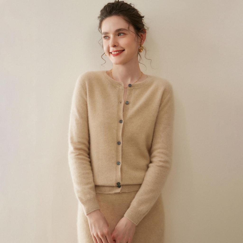 Leka Sha 100% Cashmere Women's Round Neck Single-Breasted Cardigan Jacket