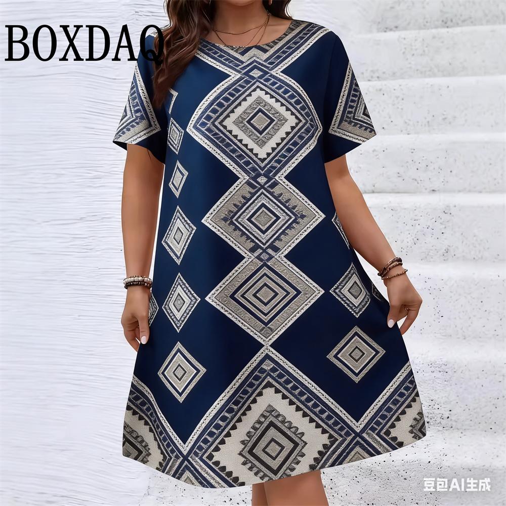 Vestito da Festa Geometrico Etnico Vintage Taglie Forti Donna Casual Scollo O Manica Corta Mini Abiti Per Donna Estate Larghi
