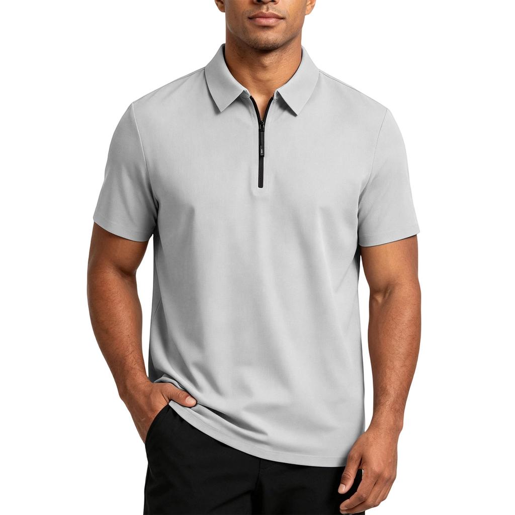 Men's Short Sleeve Polo Shirt with Zipper High Elasticity Ice Silk Knit Fabric Comfortable Stretch Waffle Texture Casual T-Shirt