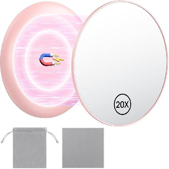 Gospire 20X Magnifying Mirror with Magnetic, 3.5 Inch Round Use for Makeup Application, Compact & Portable Magnified Cosmetic for Travel, Pink розовый