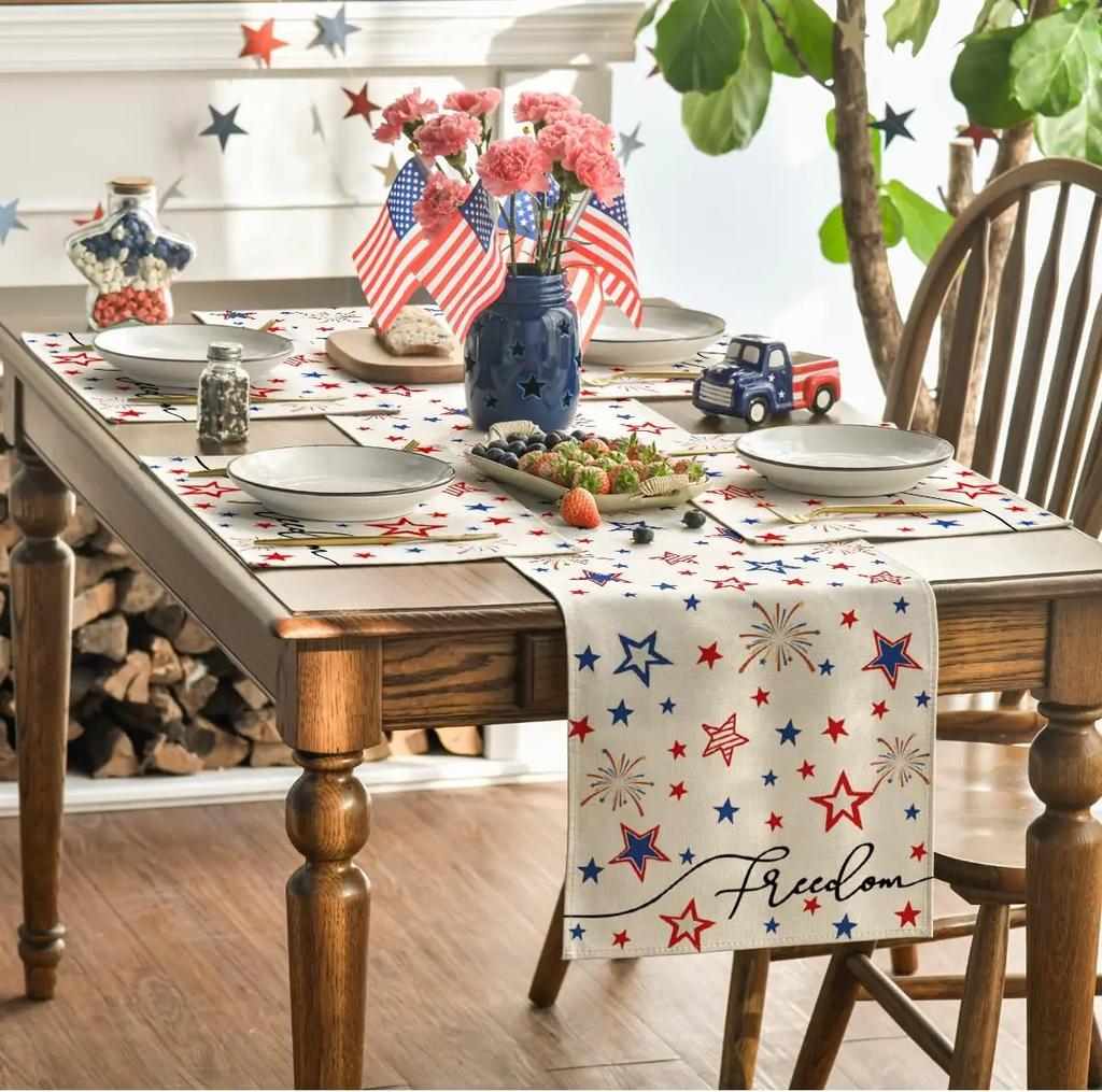 4PC Patriotic Freedom Stars 4th of July Placemats for Dining Table, Memorial Day Decoration Washable Table Mats