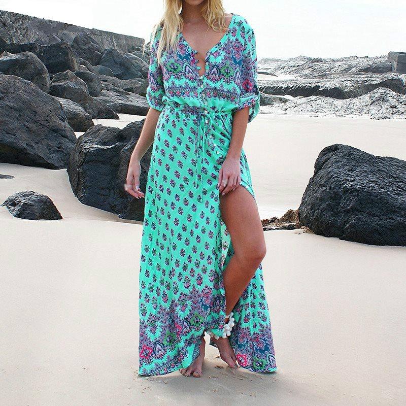 Elegantes Damen Boho V-Ausschnitt Langes Maxikleid Mit 3/4 Ärmel Für Party Und Abendveranstaltungen
