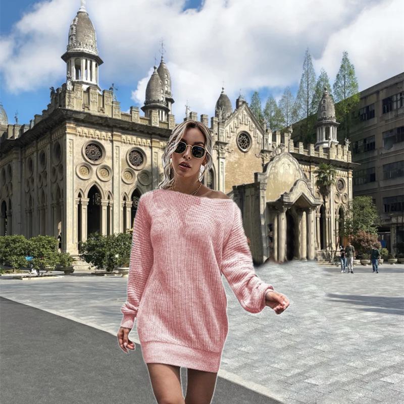 Damen Schulterfreies Strickkleid mit Laternenärmeln, Herbst/Winter 2020 Kollektion - Europäischer und Amerikanischer Lässiger Stil
