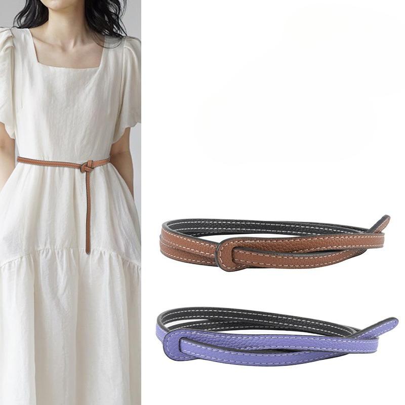 First Layer Cowhide Lychee Pattern Genuine Leather Women's Thin Belt Dual-purpose Small Belt Women's Dress High-end Decoration Summer