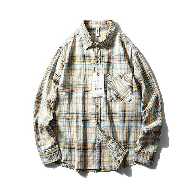 American Retro Pure Cotton Brushed Plaid Shirt Coat Men s Long Sleeves Spring and Autumn Export Men s Full Cotton Casual Shirt Beige grid M